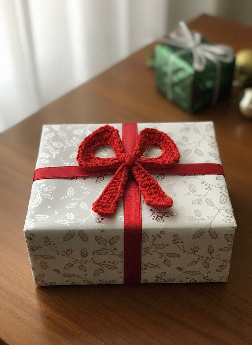 regalo decorado con moño navideño al crochet