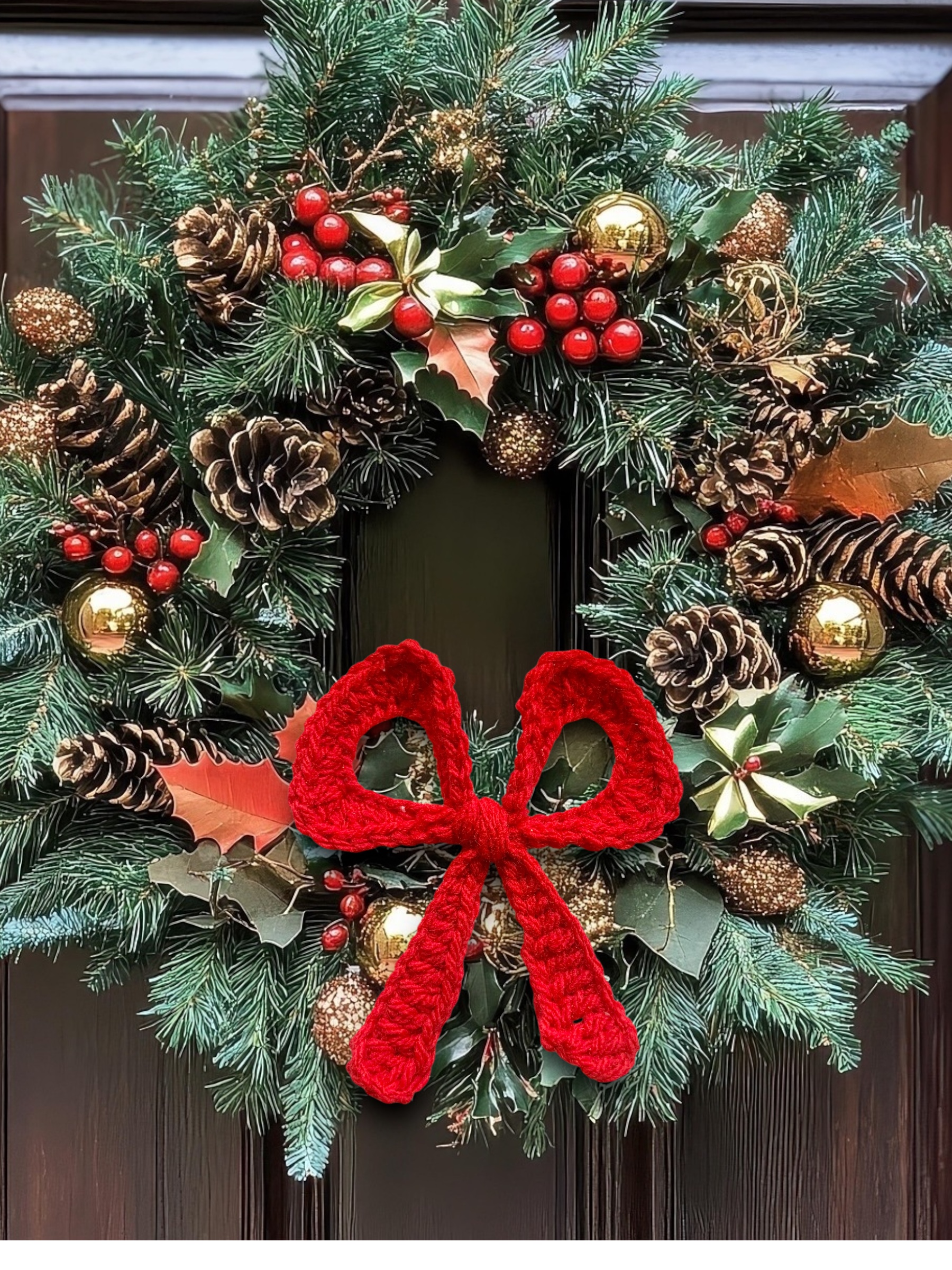 corona navideña decorada con moño navideño al crochet