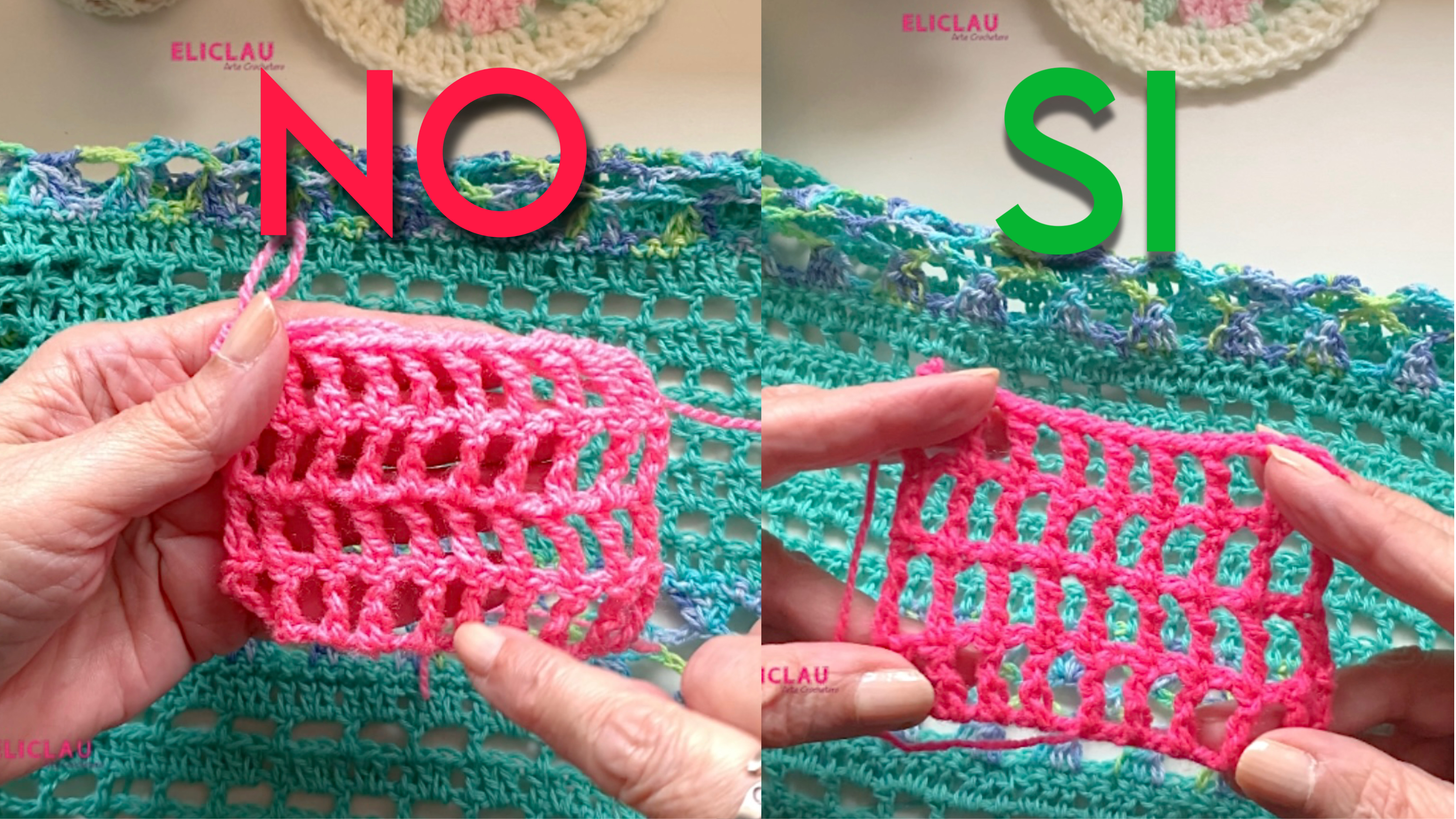 Comparación del punto red en crochet: muestra despareja y muestra prolija usando el truco que mejora el punto red.